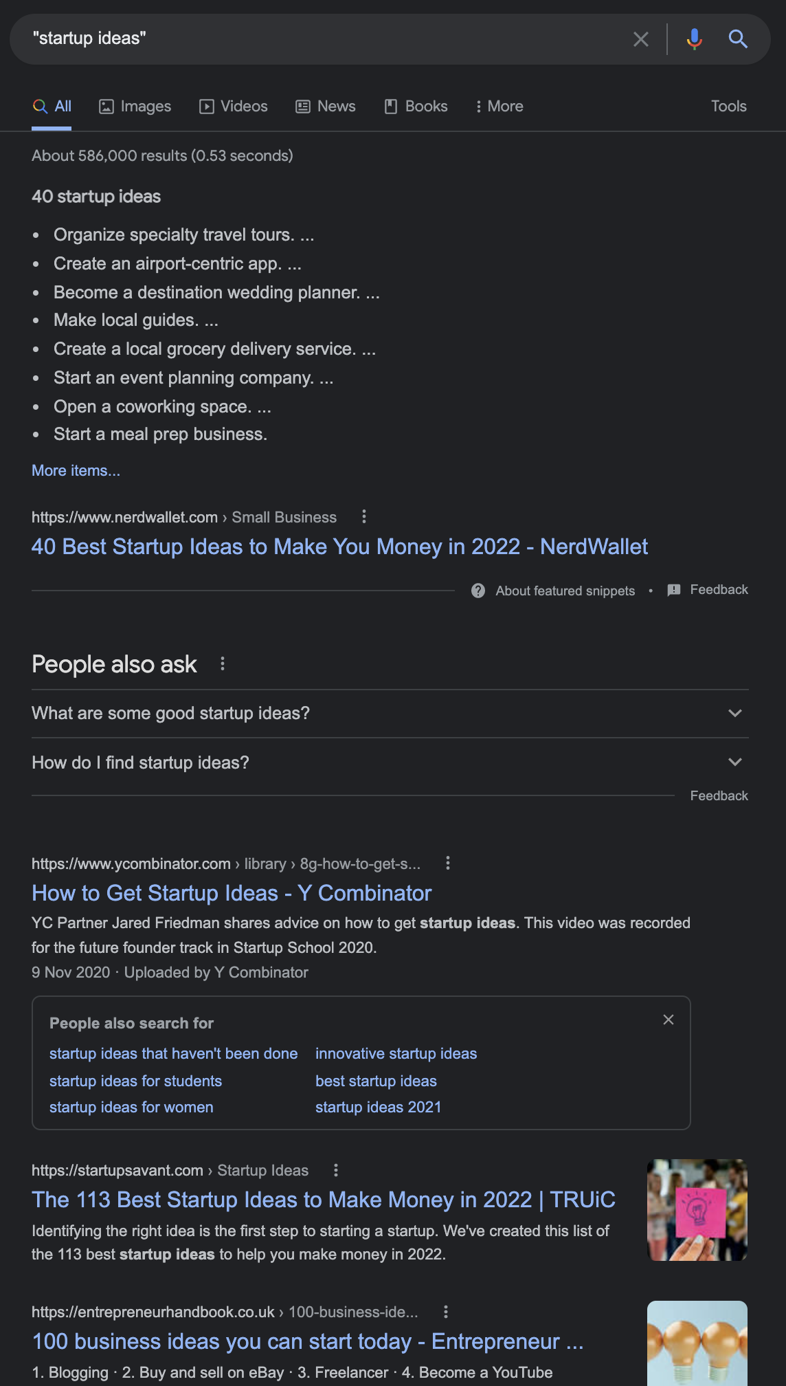 page 1 of results for startup ideas