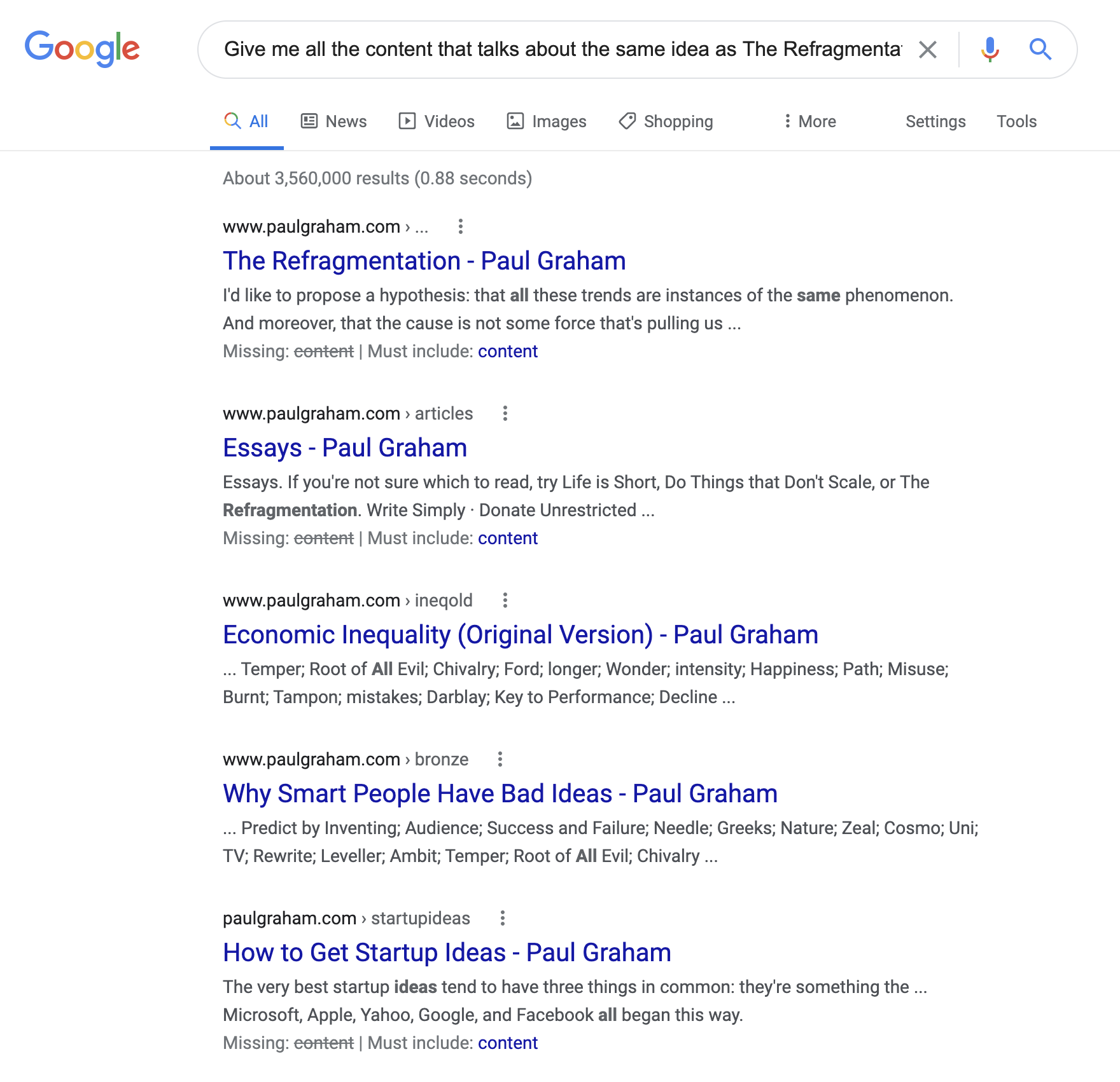 Google Query “Give me all the content that talks about the same idea as The Refragmentation by Paul Graham”